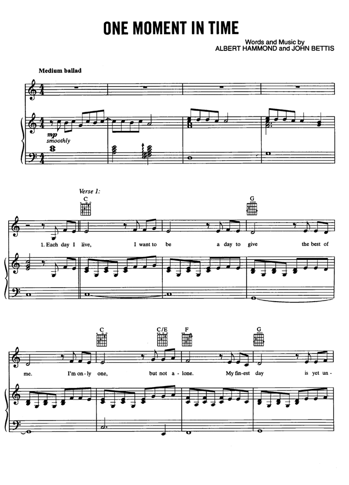 objetivo Ejecutable Controversia ONE MOMENT IN TIME Piano Sheet music | Easy Sheet Music