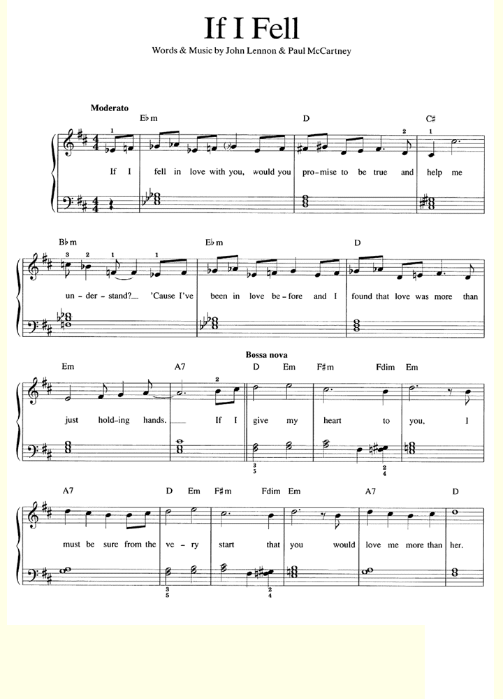 The Beatles If I Fell Easy Piano Sheet Music Guitar Chords