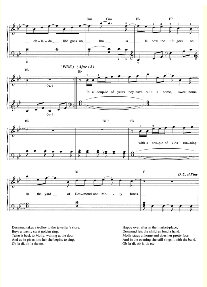 The Beatles Ob La Di Ob La Da Easy Piano Sheet Music Guitar Chords
