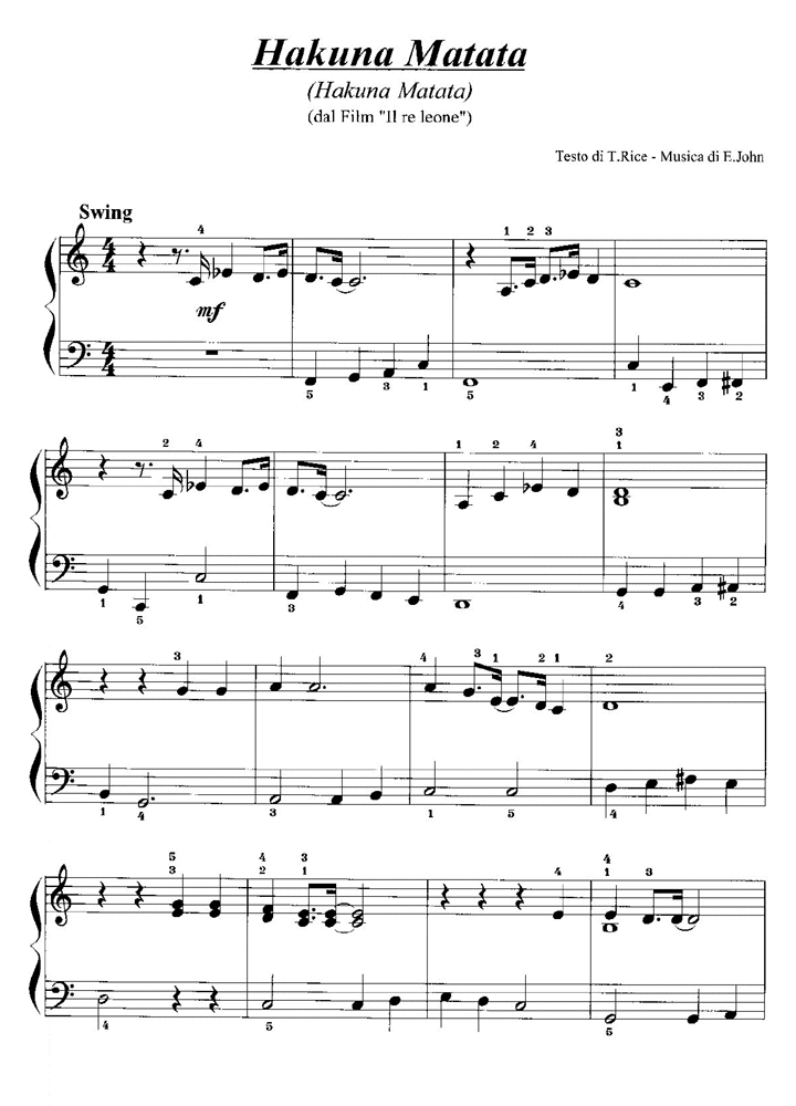 The Lion King HAKUNA MATATA Easy Piano Sheet music - Walt Disney | Easy