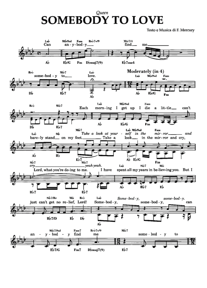 Queen SOMEBODY TO LOVE music | Easy Sheet Music